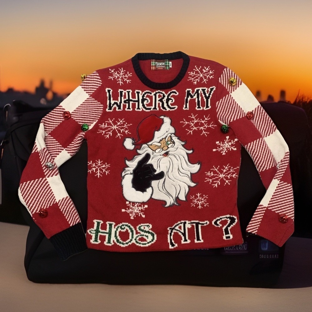 Spencers Workshop Santa Ugly Christmas Sweater S Where My Hos‎ At?  Bells Lights